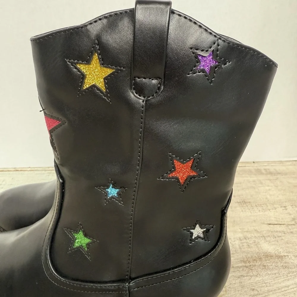 Kids Black‎ Western Cowboy Boots with Multi Color Glitter Star Appliques Size 3